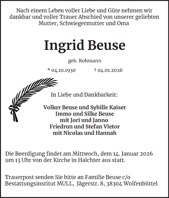 Traueranzeige von Ingrid Beuse von Braunschweiger Zeitung