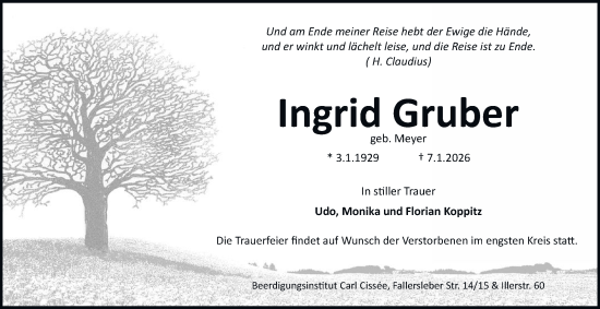 Traueranzeige von Ingrid Gruber von Braunschweiger Zeitung
