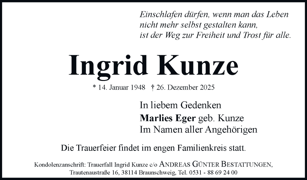  Traueranzeige für Ingrid Kunze vom 24.01.2026 aus 