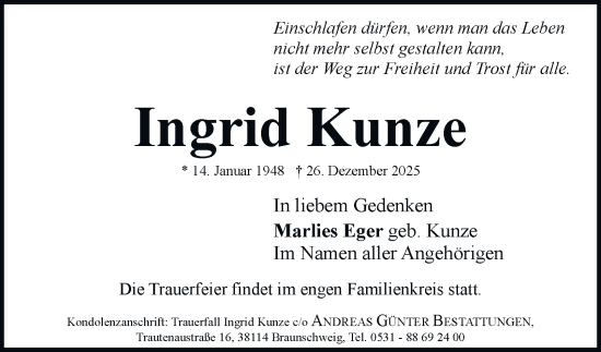 Traueranzeige von Ingrid Kunze 