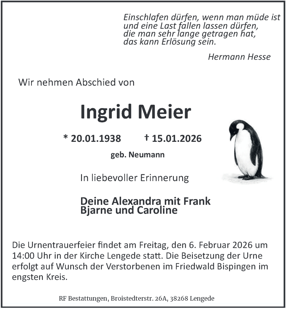  Traueranzeige für Ingrid Meier vom 24.01.2026 aus Peiner Nachrichten