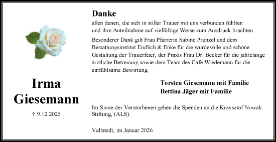 Traueranzeige von Irma Giesemann von Peiner Nachrichten