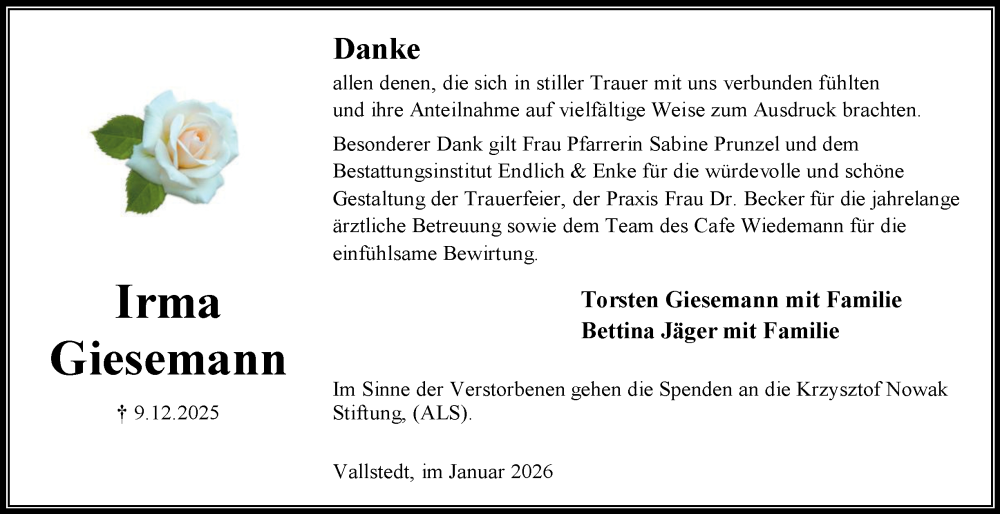  Traueranzeige für Irma Giesemann vom 17.01.2026 aus Peiner Nachrichten