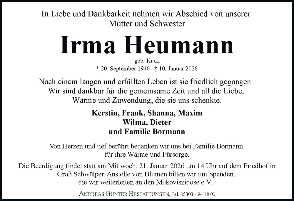  Traueranzeige für Irma Heumann vom 17.01.2026 aus Braunschweiger Zeitung