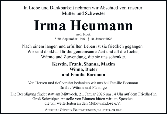 Traueranzeige von Irma Heumann von Braunschweiger Zeitung