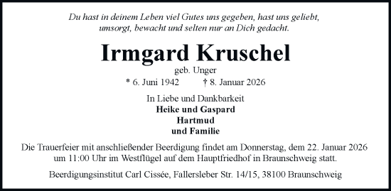 Traueranzeige von Irmgard Kruschel von Braunschweiger Zeitung