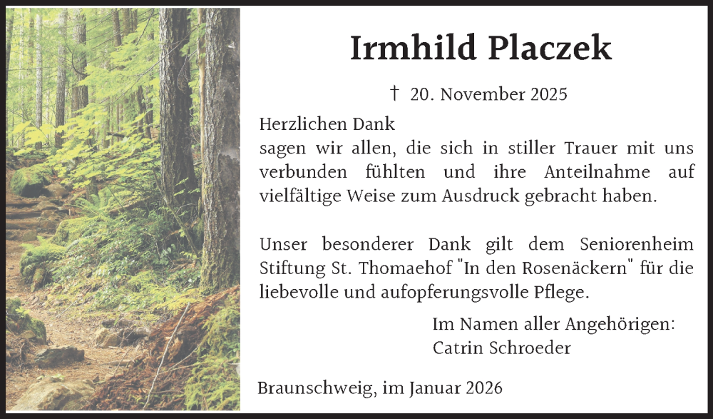  Traueranzeige für Irmhild Placzek vom 10.01.2026 aus Braunschweiger Zeitung