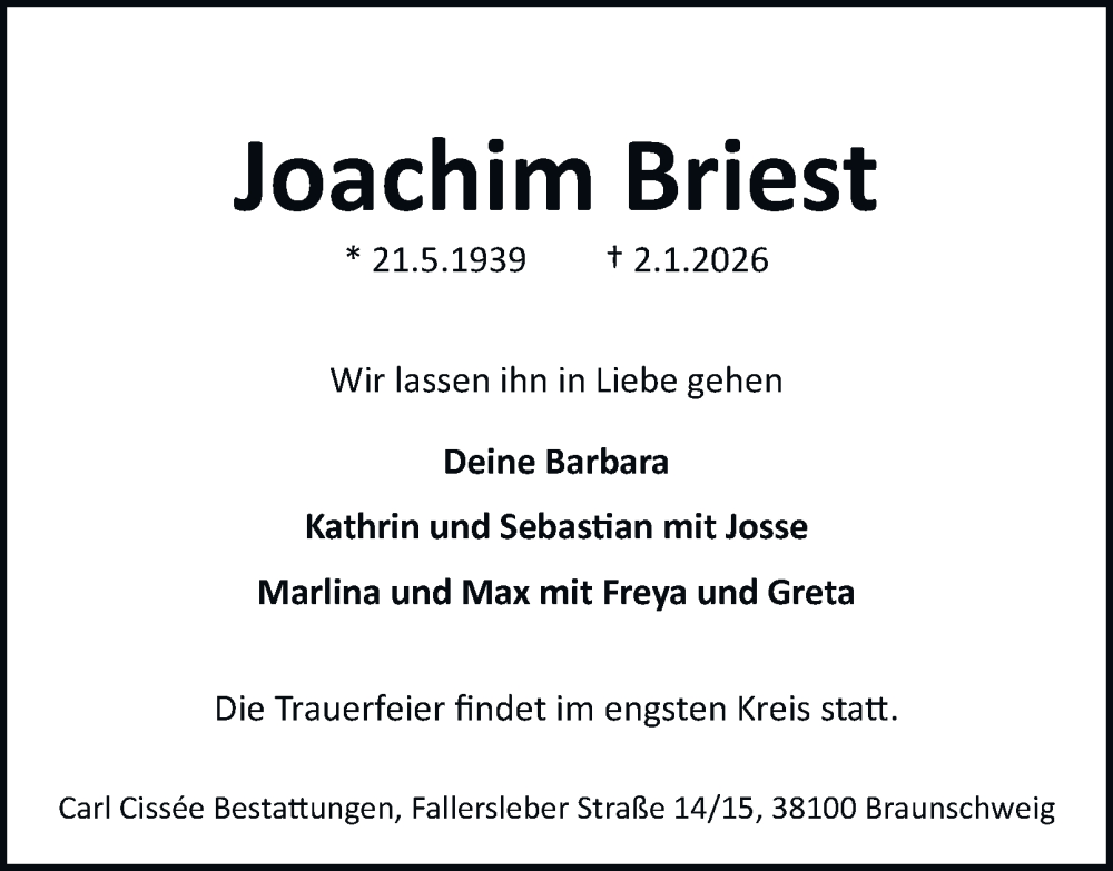  Traueranzeige für Joachim Briest vom 10.01.2026 aus Braunschweiger Zeitung