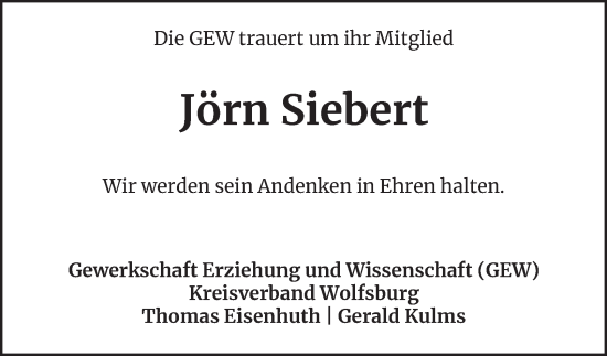 Traueranzeige von Jörn Siebert von Wolfsburger Nachrichten