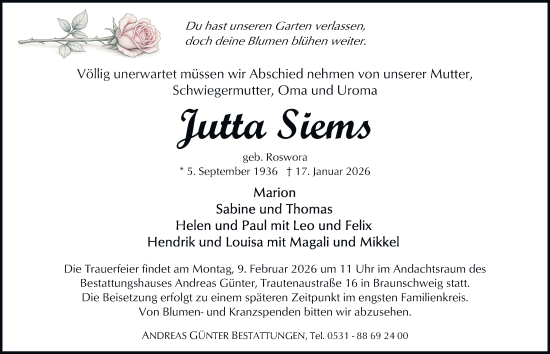 Traueranzeige von Jutta Siems 