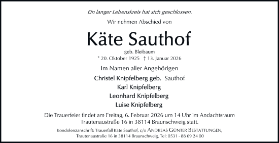 Traueranzeige von Käte Sauthof 