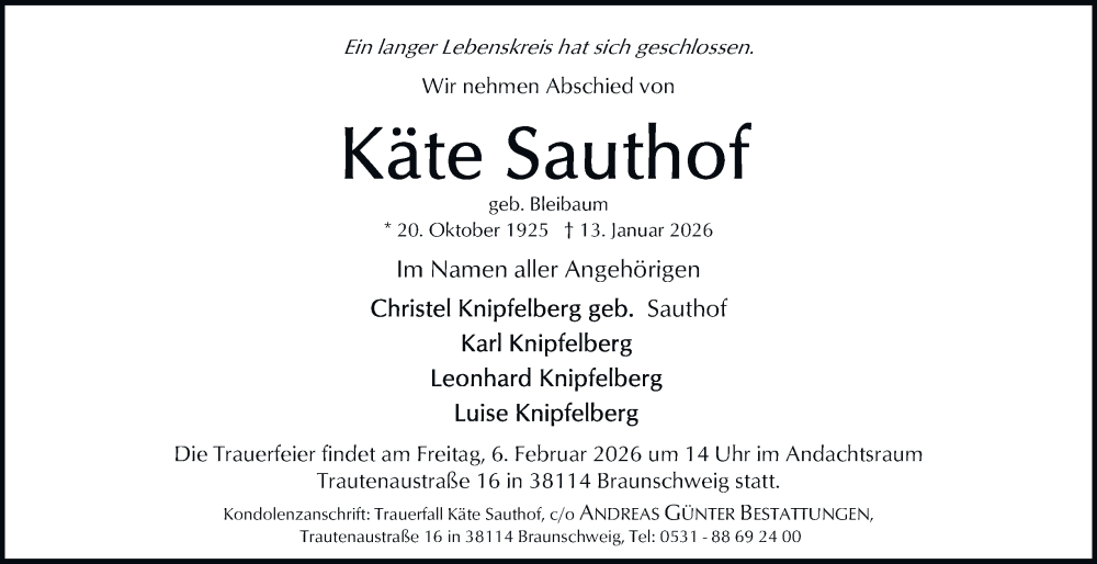  Traueranzeige für Käte Sauthof vom 24.01.2026 aus 