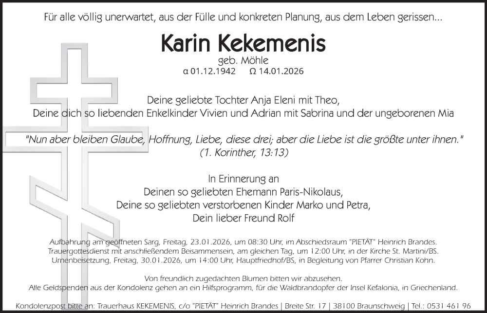  Traueranzeige für Karin Kekemenis vom 17.01.2026 aus Braunschweiger Zeitung