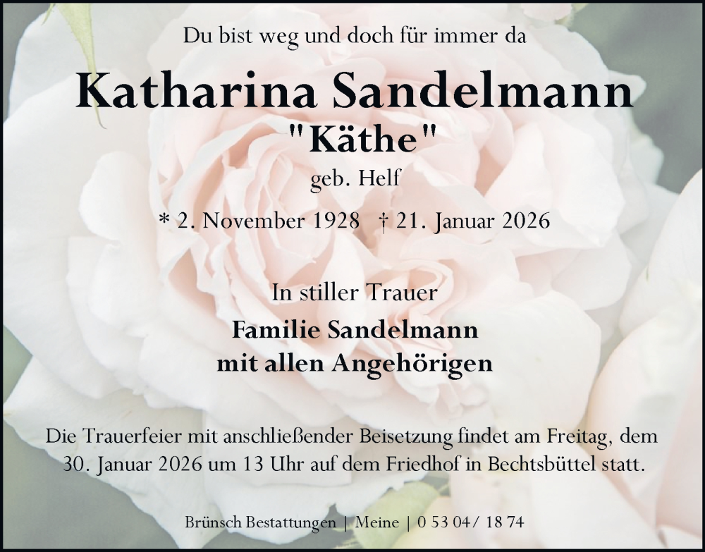  Traueranzeige für Katharina Sandelmann vom 24.01.2026 aus 