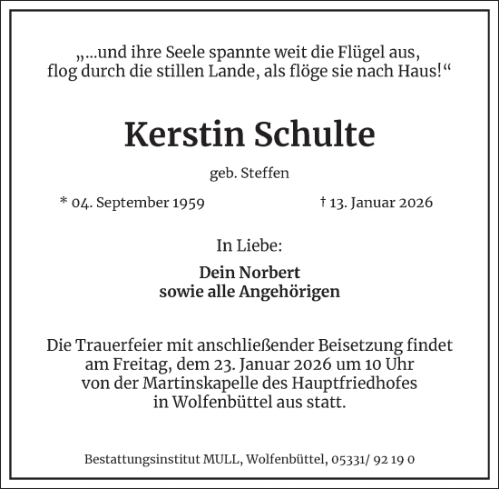Traueranzeige von Kerstin Schulte von Wolfenbütteler Zeitung