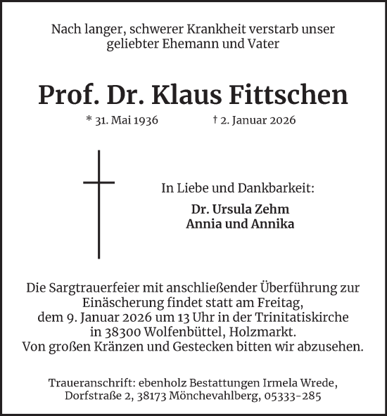 Traueranzeige von Klaus Fittschen von Braunschweiger Zeitung
