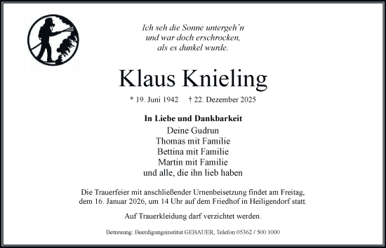 Traueranzeige von Klaus Knieling von Braunschweiger Zeitung, Wolfsburger Nachrichten