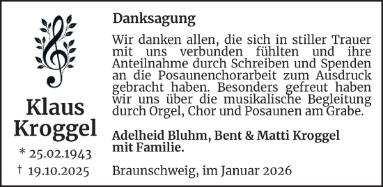 Traueranzeige von Klaus Kroggel von Braunschweiger Zeitung