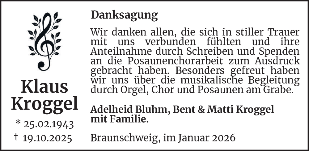  Traueranzeige für Klaus Kroggel vom 17.01.2026 aus Braunschweiger Zeitung