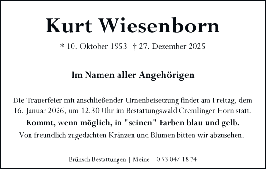 Traueranzeige von Kurt Wiesenborn von Braunschweiger Zeitung