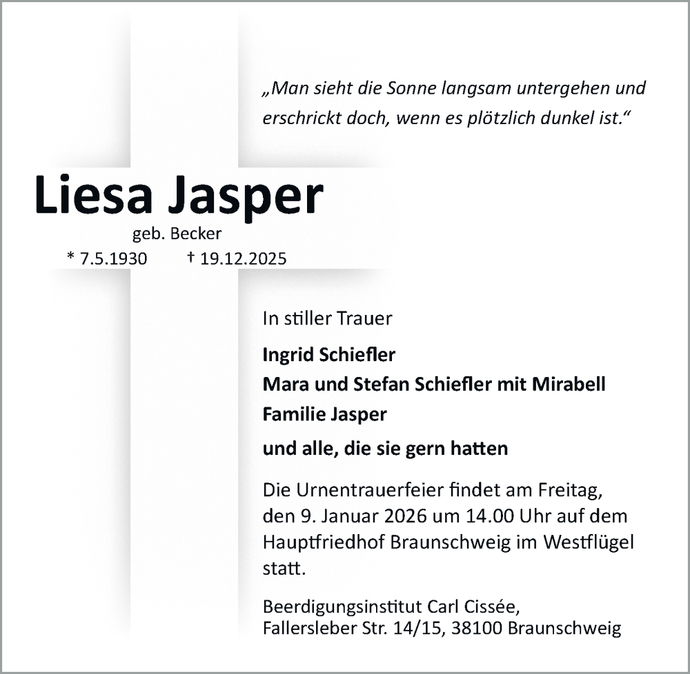  Traueranzeige für Liesa Jasper vom 03.01.2026 aus Braunschweiger Zeitung