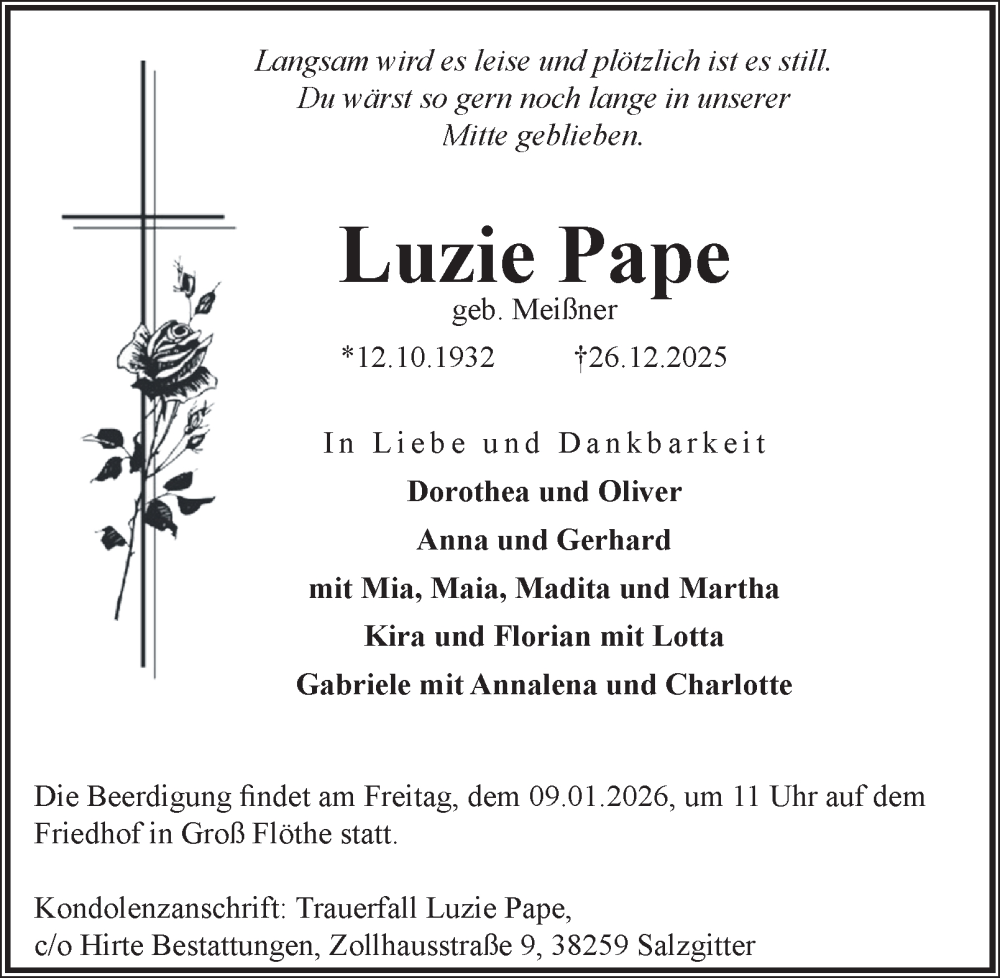  Traueranzeige für Luzie Pape vom 03.01.2026 aus Salzgitter-Zeitung