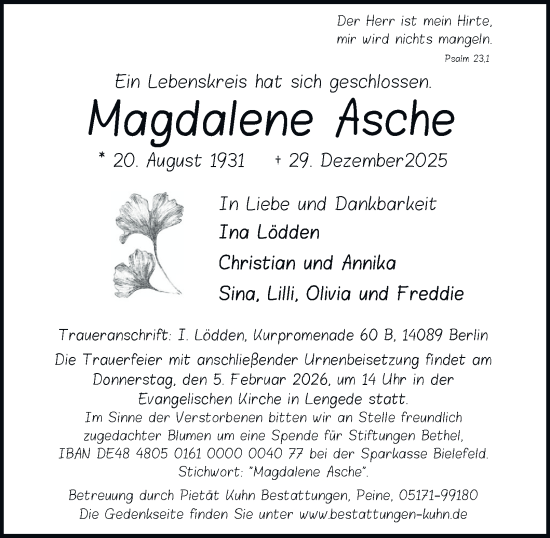 Traueranzeige von Magdalene Asche von Peiner Nachrichten