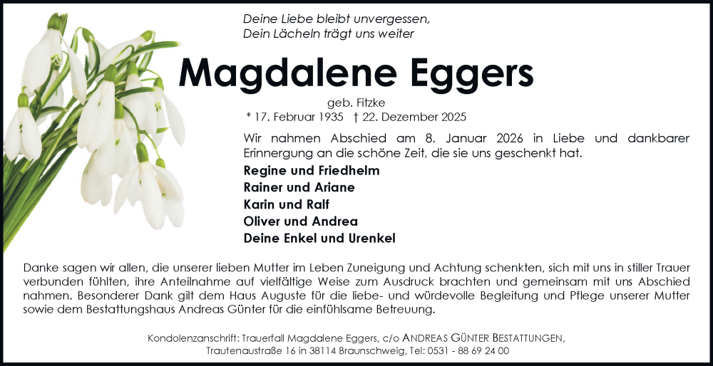  Traueranzeige für Magdalene Eggers vom 17.01.2026 aus Braunschweiger Zeitung