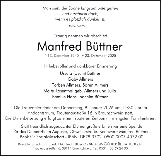 Traueranzeige von Manfred Büttner von Braunschweiger Zeitung