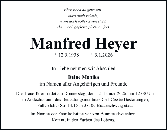 Traueranzeige von Manfred Heyer von Braunschweiger Zeitung