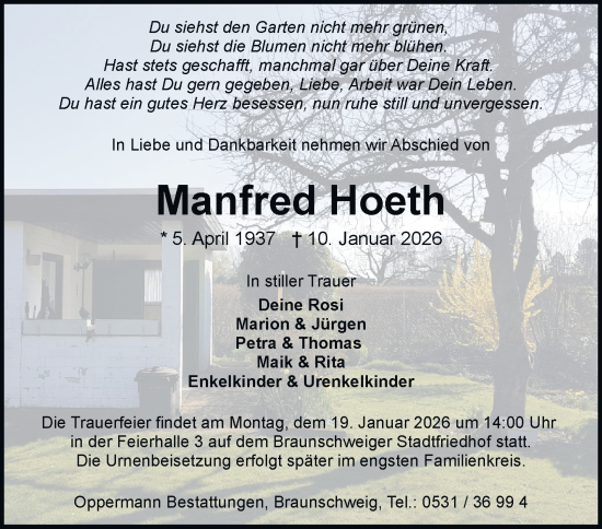 Traueranzeige von Manfred Hoeth von Salzgitter-Zeitung