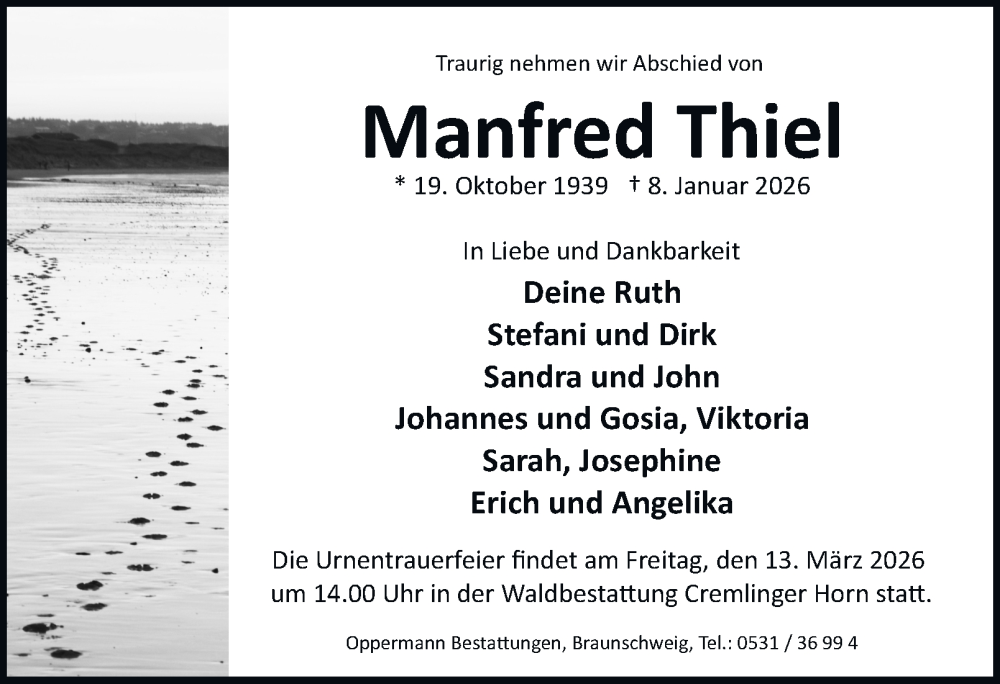  Traueranzeige für Manfred Thiel vom 24.01.2026 aus 
