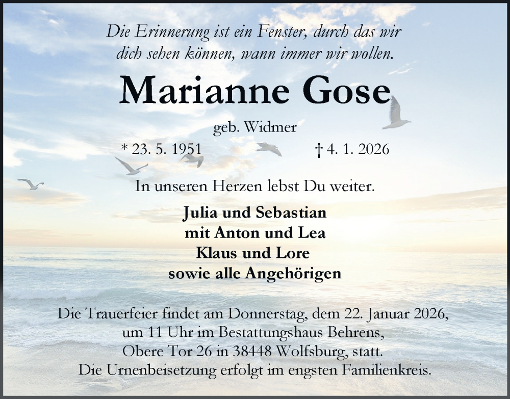 Traueranzeige für Marianne Gose vom 17.01.2026 aus Braunschweiger Zeitung, Wolfsburger Nachrichten