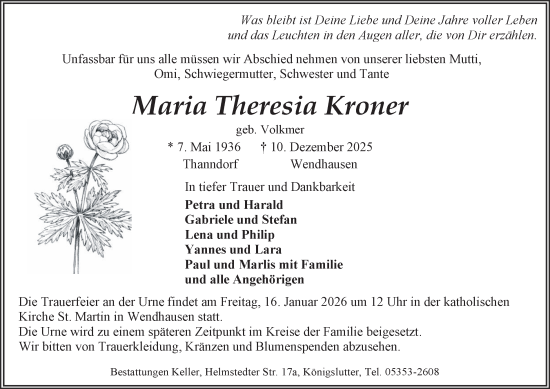 Traueranzeige von Maria Theresia Kroner von Helmstedter Nachrichten