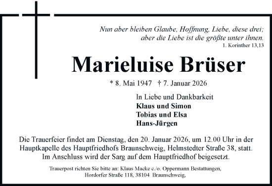 Traueranzeige von Marieluise Brüser von Braunschweiger Zeitung