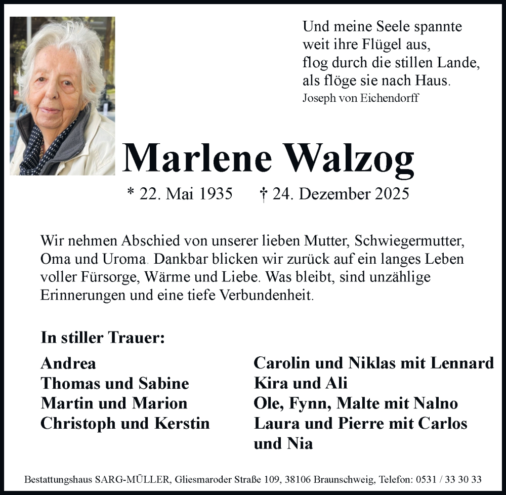  Traueranzeige für Marlene Walzog vom 10.01.2026 aus Braunschweiger Zeitung