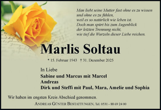 Traueranzeige von Marlis Soltau von Braunschweiger Zeitung