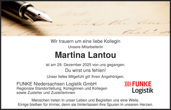 Traueranzeige von Martina Lantou von Braunschweiger Zeitung