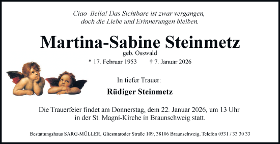 Traueranzeige von Martina-Sabine Steinmetz von Braunschweiger Zeitung, Wolfsburger Nachrichten