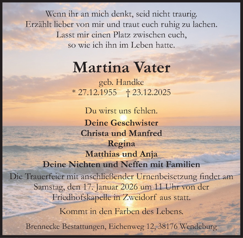  Traueranzeige für Martina Vater vom 10.01.2026 aus Braunschweiger Zeitung