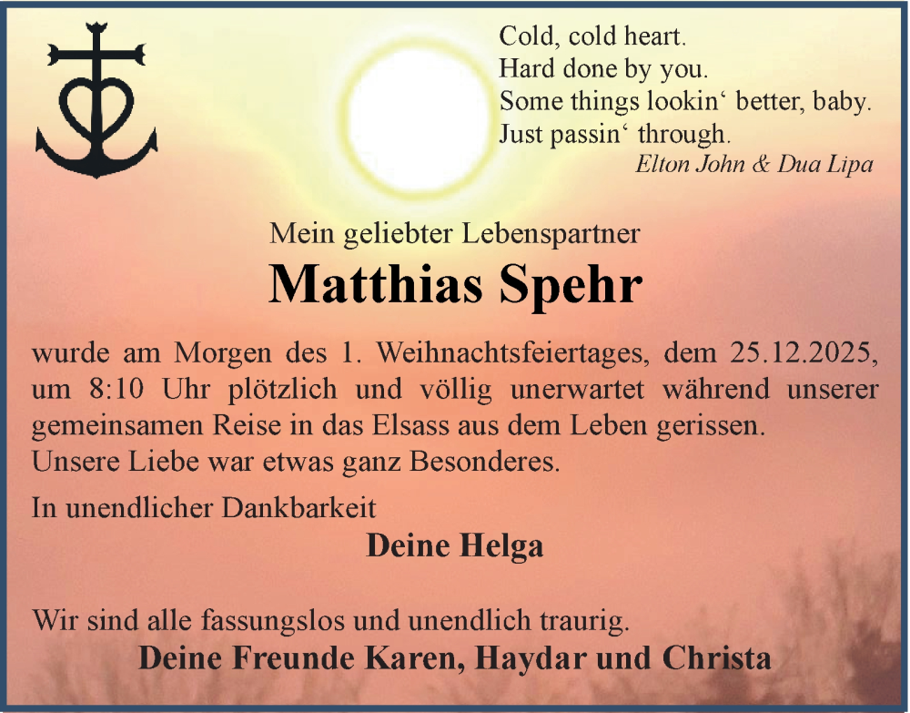  Traueranzeige für Matthias Spehr vom 10.01.2026 aus Braunschweiger Zeitung