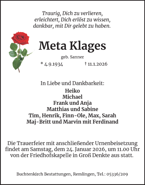 Traueranzeige von Meta Klages von Wolfenbütteler Zeitung