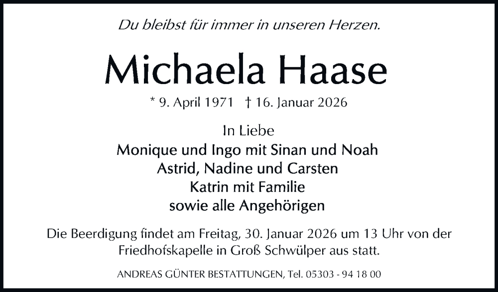  Traueranzeige für Michaela Haase vom 24.01.2026 aus 