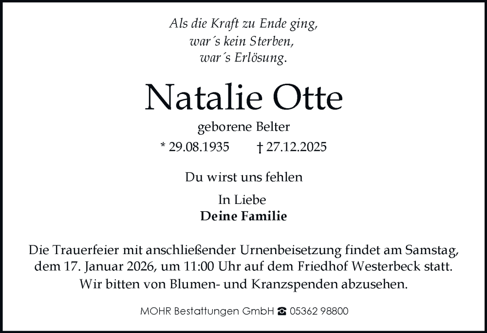  Traueranzeige für Natalie Otte vom 10.01.2026 aus Braunschweiger Zeitung, Wolfsburger Nachrichten