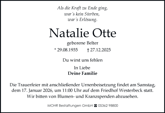 Traueranzeige von Natalie Otte von Braunschweiger Zeitung, Wolfsburger Nachrichten