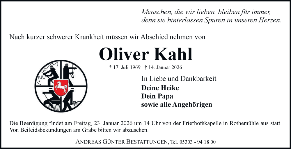  Traueranzeige für Oliver Kahl vom 17.01.2026 aus Braunschweiger Zeitung