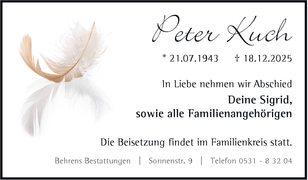  Traueranzeige für Peter Kuch vom 10.01.2026 aus Braunschweiger Zeitung