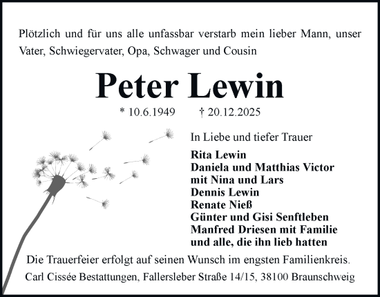 Traueranzeige von Peter Lewin von Braunschweiger Zeitung