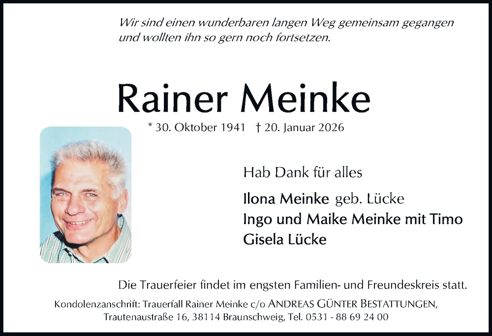  Traueranzeige für Rainer Meinke vom 24.01.2026 aus 