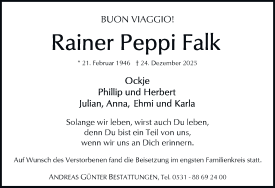 Traueranzeige von Rainer Peppi Falk von Braunschweiger Zeitung, Wolfsburger Nachrichten